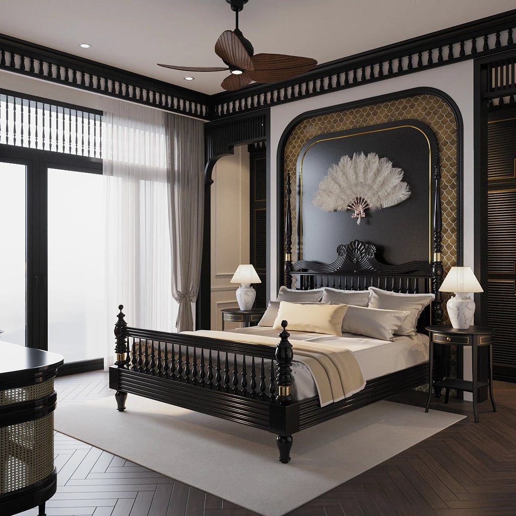 Georgia Solid Wood King Poster Bed – Ornate Spindle Headboard & Footboard, Matte Black Finish - DOBRI ARTS AU