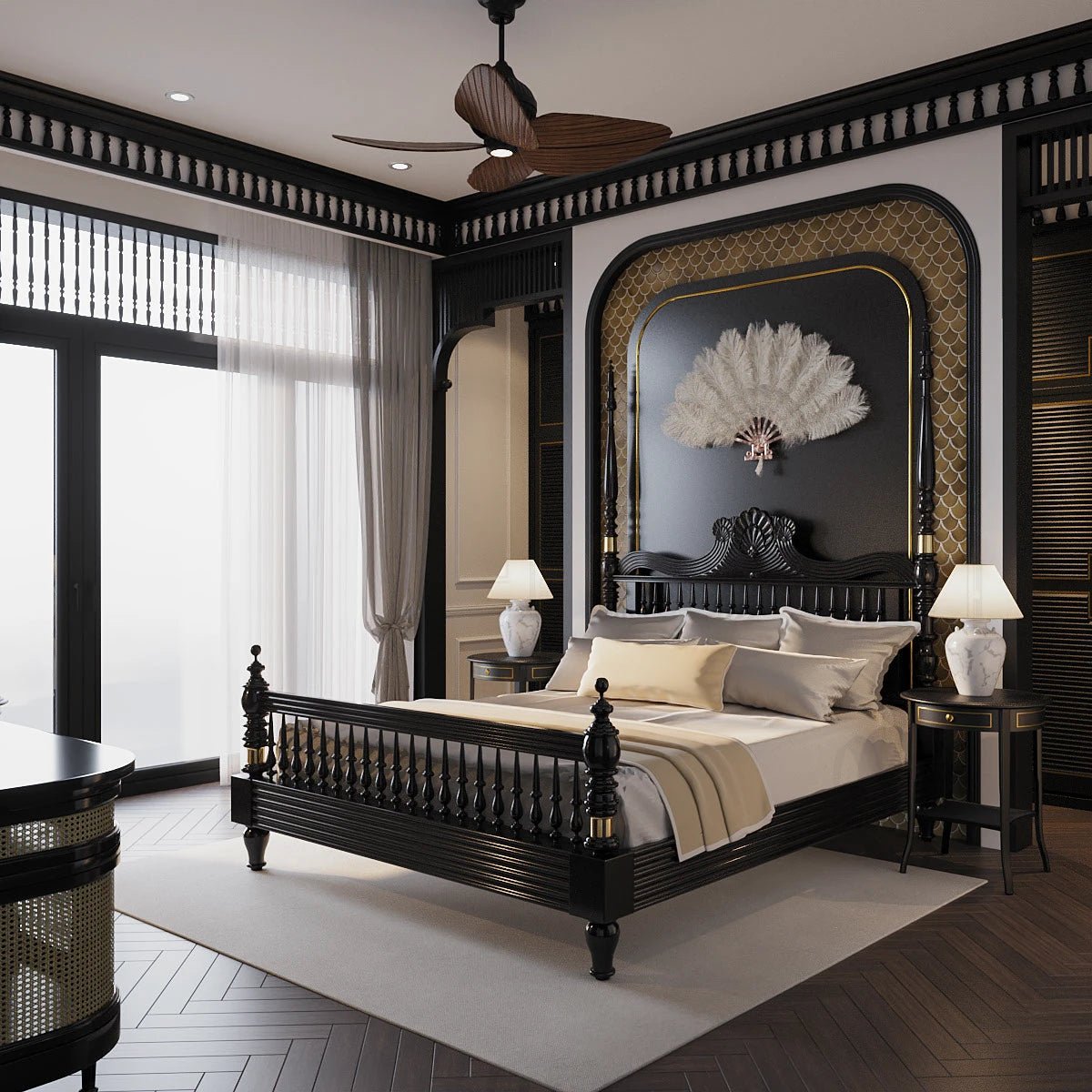 Georgia Solid Wood King Poster Bed – Ornate Spindle Headboard & Footboard, Matte Black Finish - DOBRI ARTS AU