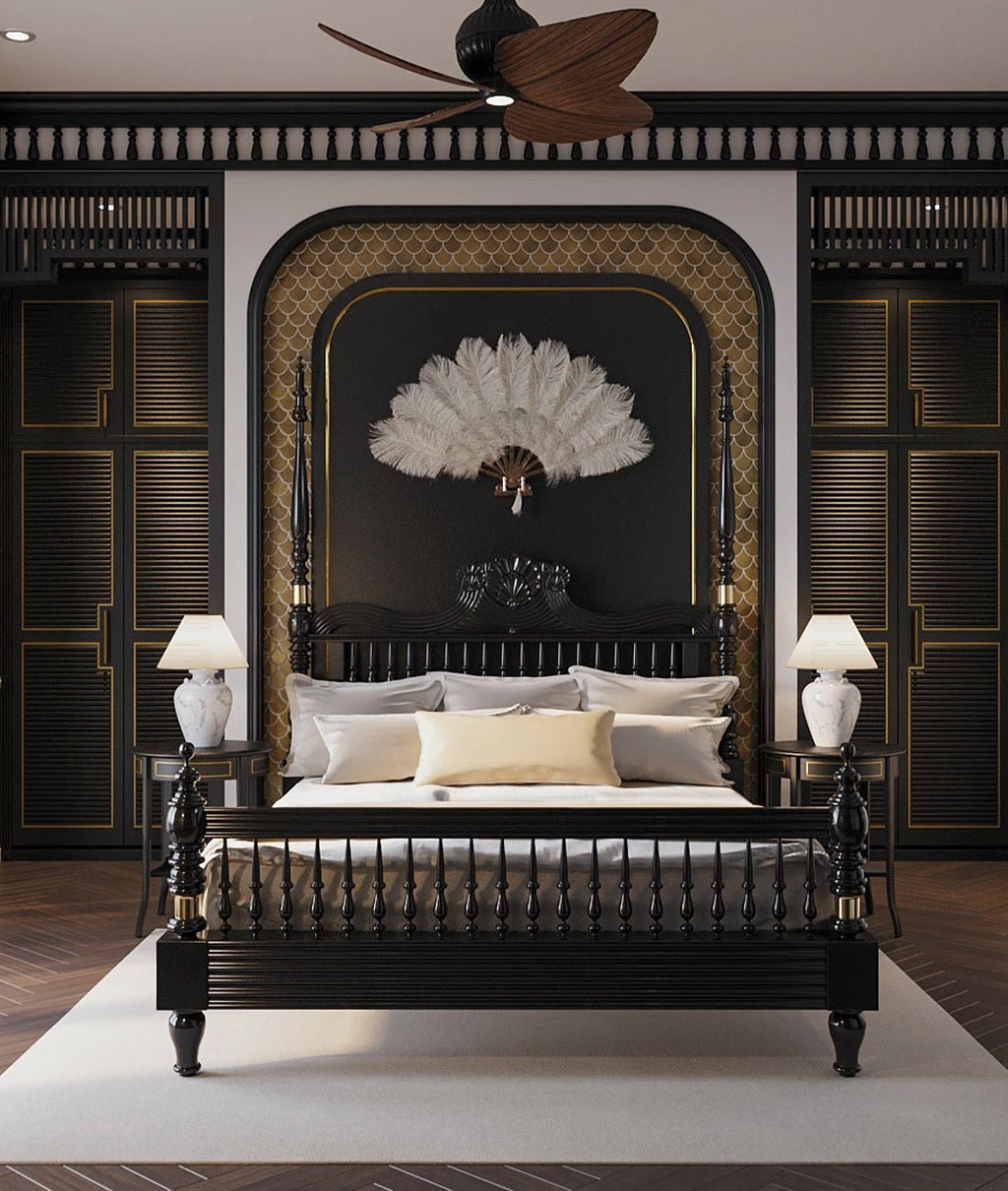 Georgia Solid Wood King Poster Bed – Ornate Spindle Headboard & Footboard, Matte Black Finish - DOBRI ARTS AU
