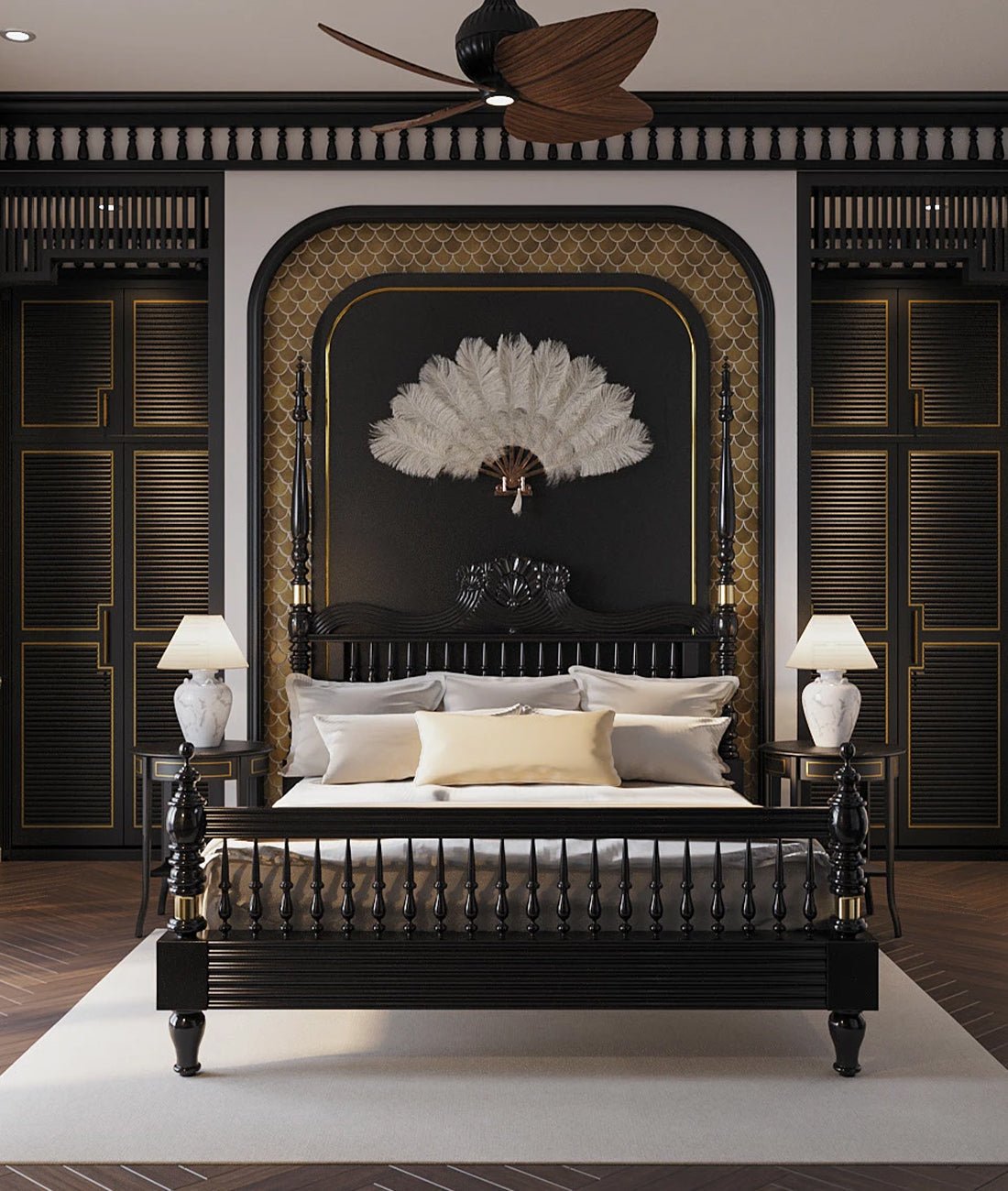 Georgia Solid Wood King Poster Bed – Ornate Spindle Headboard & Footboard, Matte Black Finish - DOBRI ARTS AU