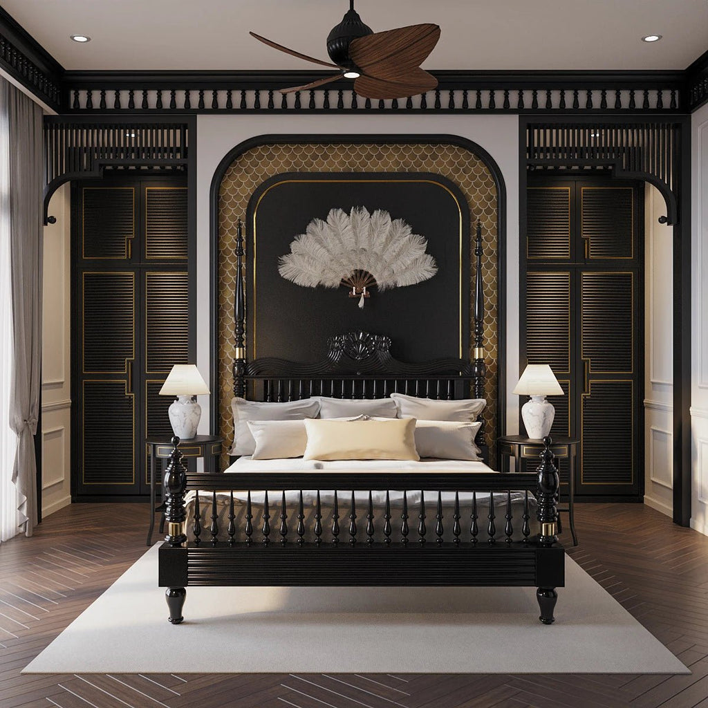 Georgia Solid Wood King Poster Bed – Ornate Spindle Headboard & Footboard, Matte Black Finish - DOBRI ARTS AU