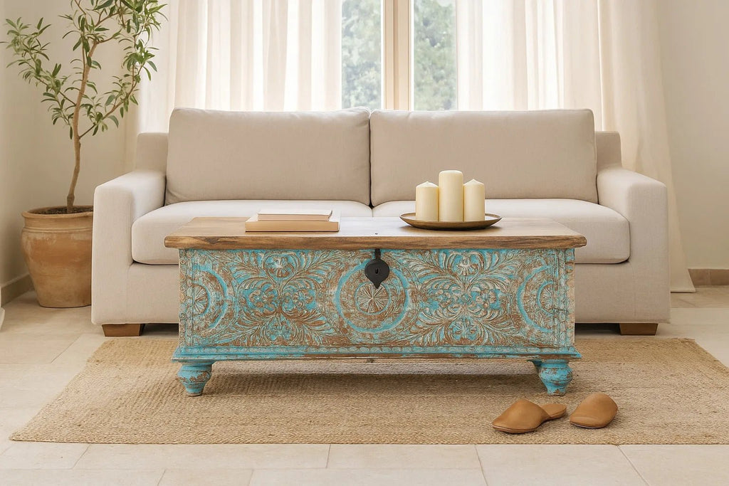 Ghar Turquoise Distressed Hand-Carved Mango Wood Storage Chest - DOBRI ARTS AU