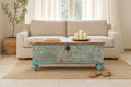 Ghar Turquoise Distressed Hand-Carved Mango Wood Storage Chest - DOBRI ARTS AU