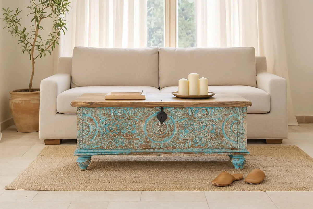 Ghar Turquoise Distressed Hand-Carved Mango Wood Storage Chest - DOBRI ARTS AU