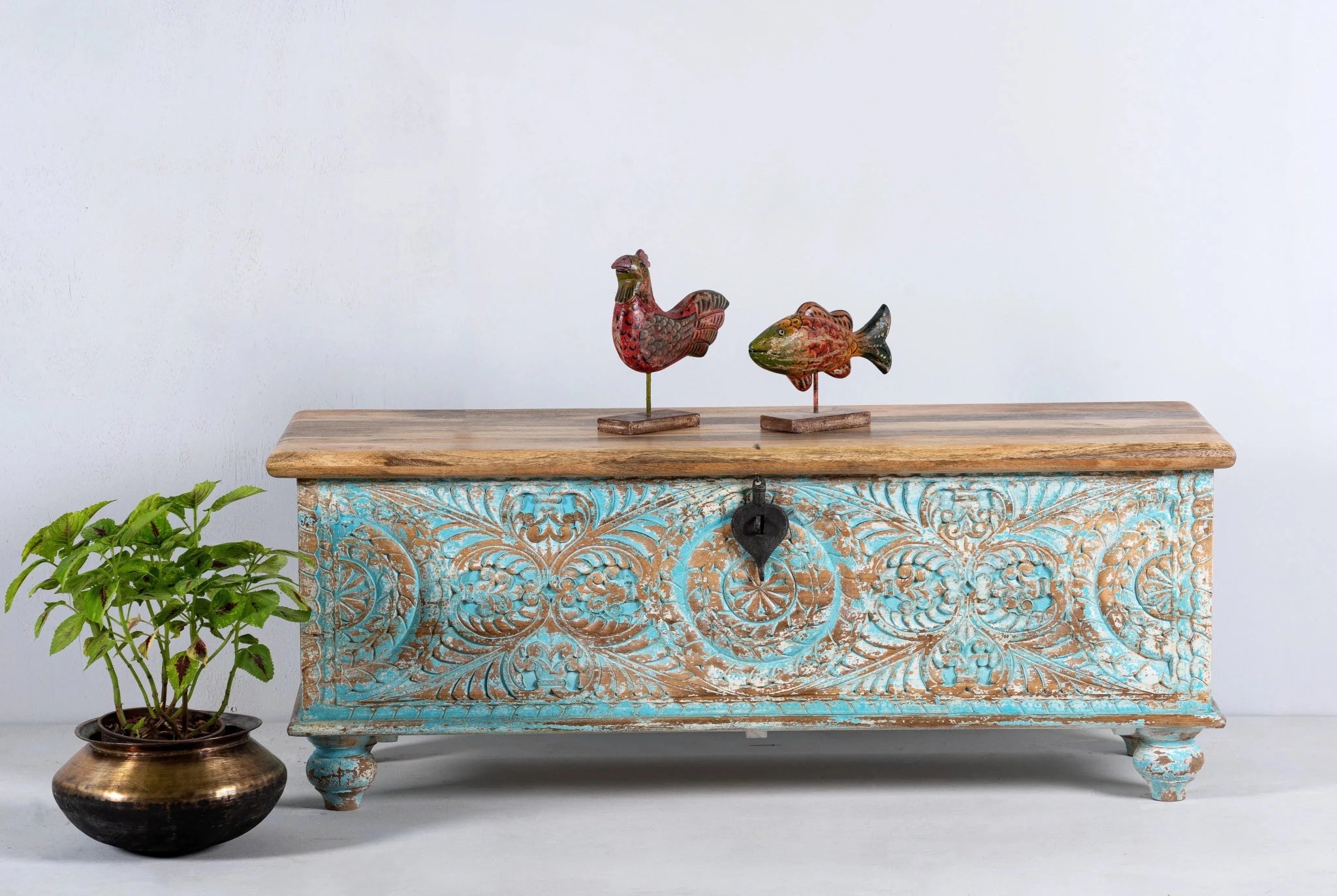 Ghar Turquoise Distressed Hand-Carved Mango Wood Storage Chest - DOBRI ARTS AU