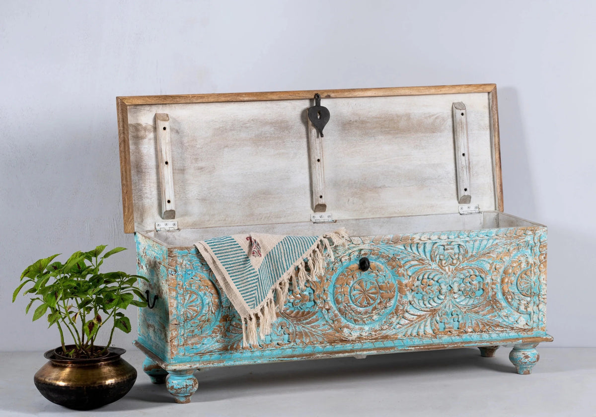 Ghar Turquoise Distressed Hand-Carved Mango Wood Storage Chest - DOBRI ARTS AU