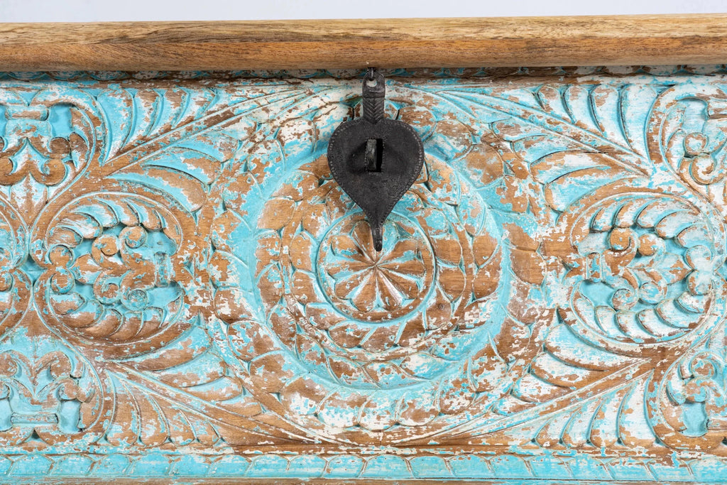 Ghar Turquoise Distressed Hand-Carved Mango Wood Storage Chest - DOBRI ARTS AU