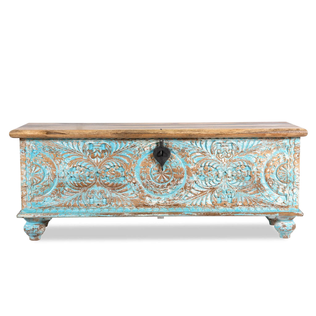 Ghar Turquoise Distressed Hand-Carved Mango Wood Storage Chest - DOBRI ARTS AU