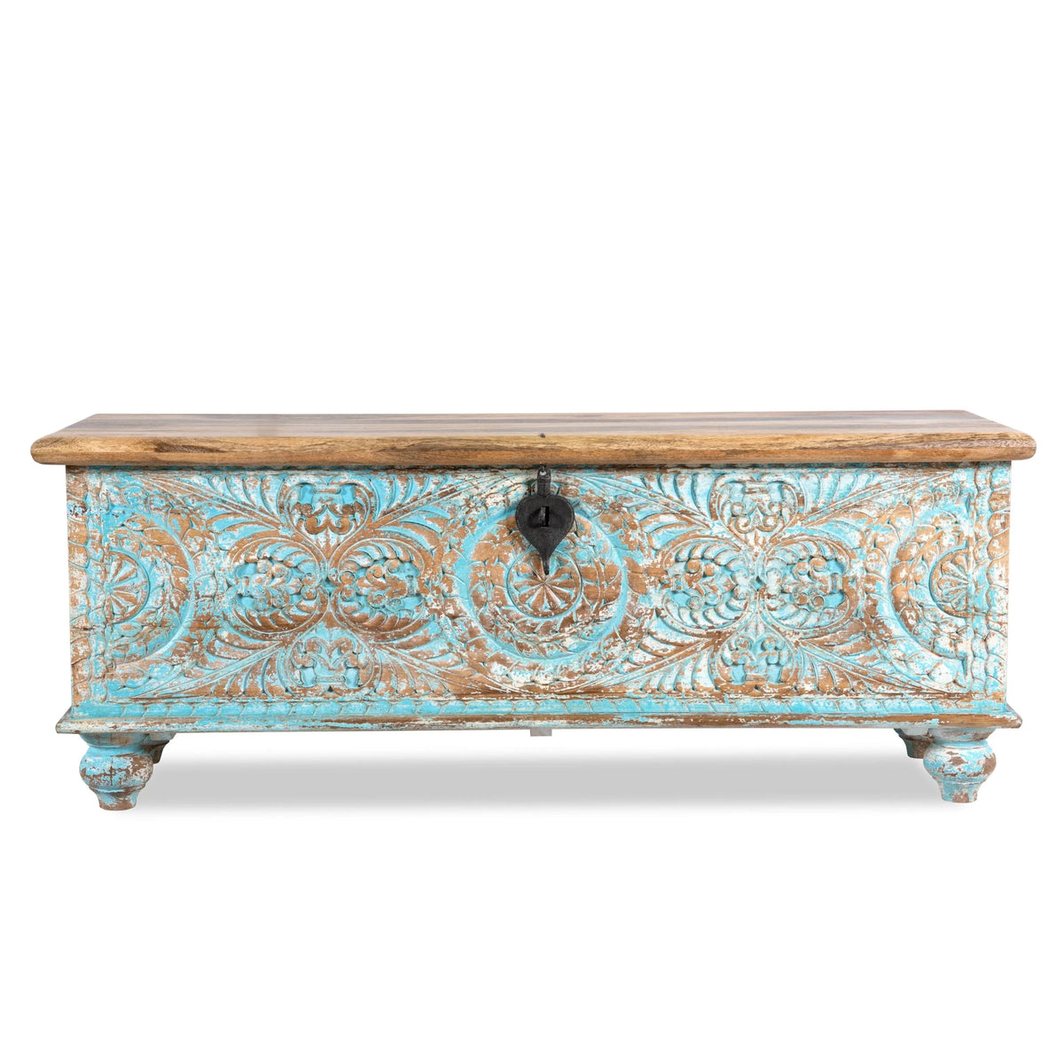 Ghar Turquoise Distressed Hand-Carved Mango Wood Storage Chest - DOBRI ARTS AU