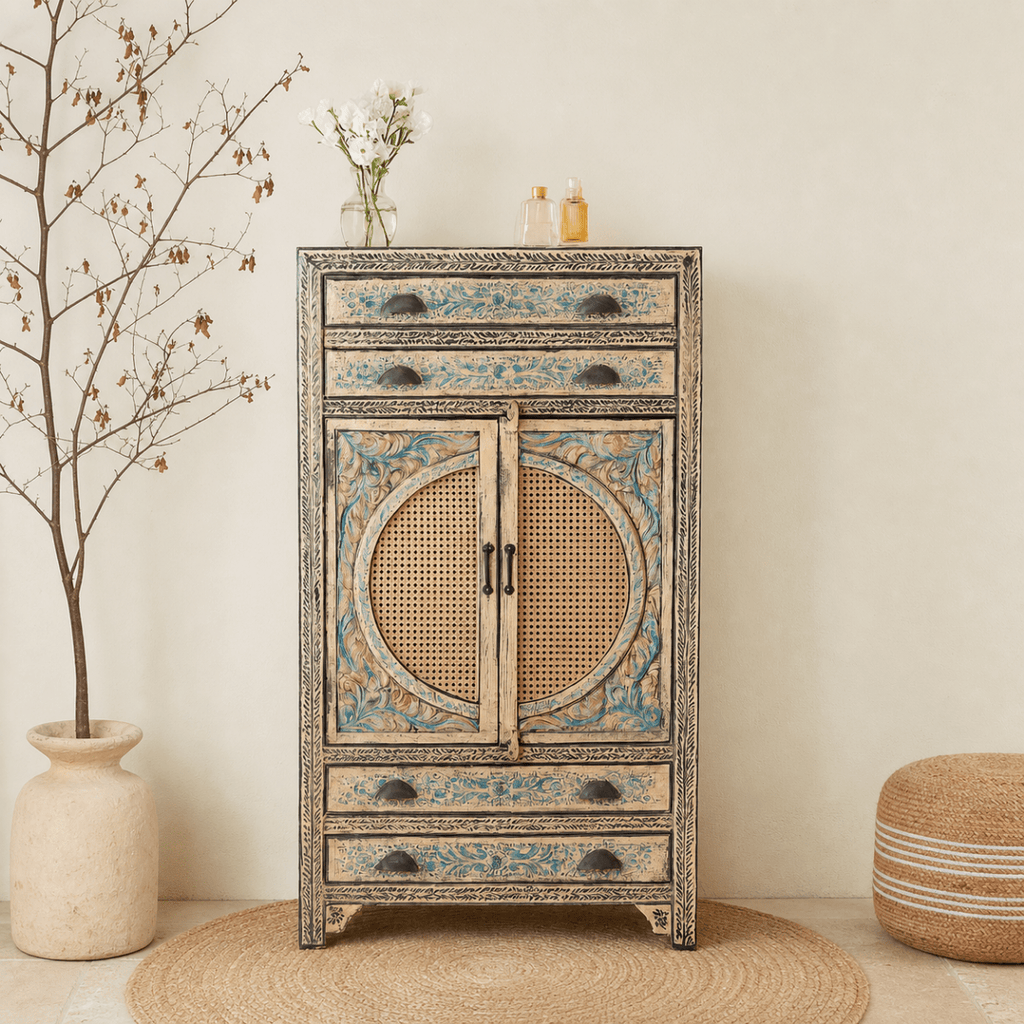 Goa Hand-Carved Rattan Door Cabinet - DOBRI ARTS AU