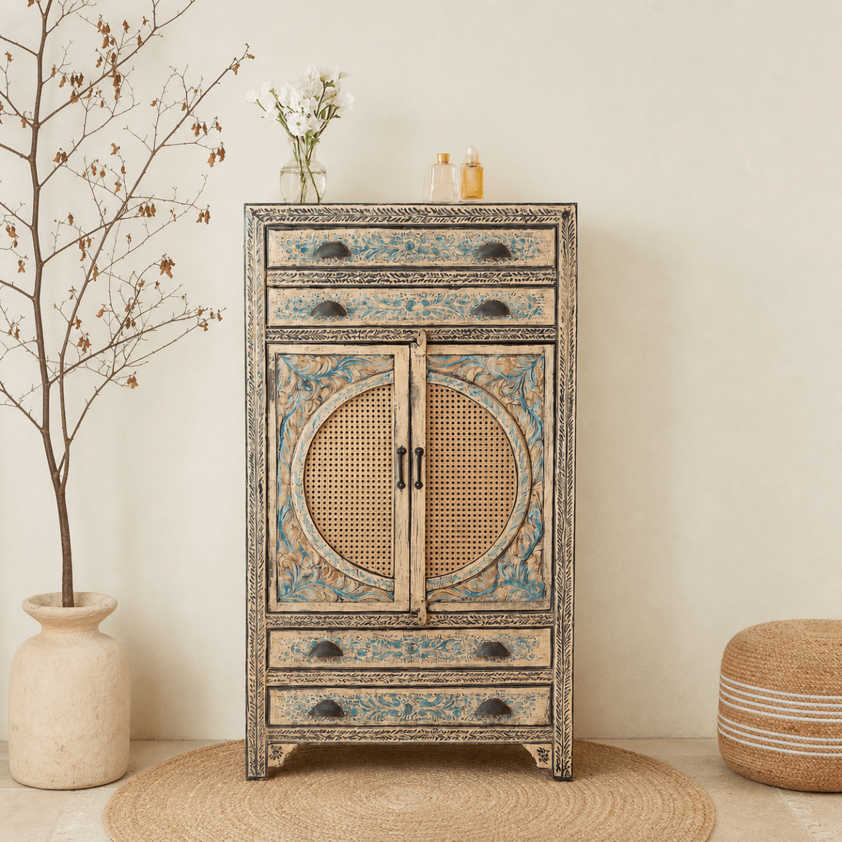 Goa Hand-Carved Rattan Door Cabinet - DOBRI ARTS AU