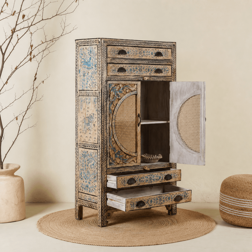 Goa Hand-Carved Rattan Door Cabinet - DOBRI ARTS AU