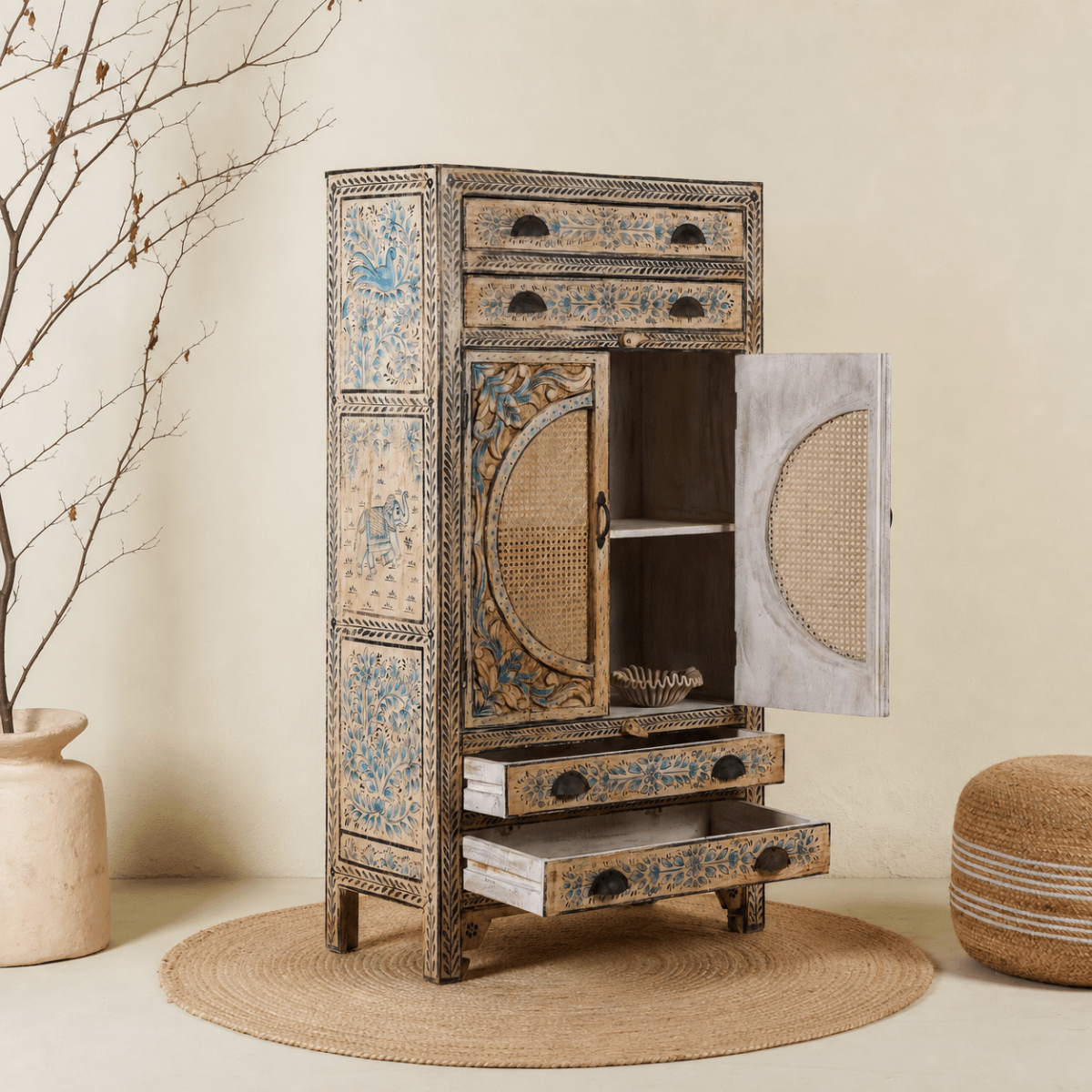 Goa Hand-Carved Rattan Door Cabinet - DOBRI ARTS AU