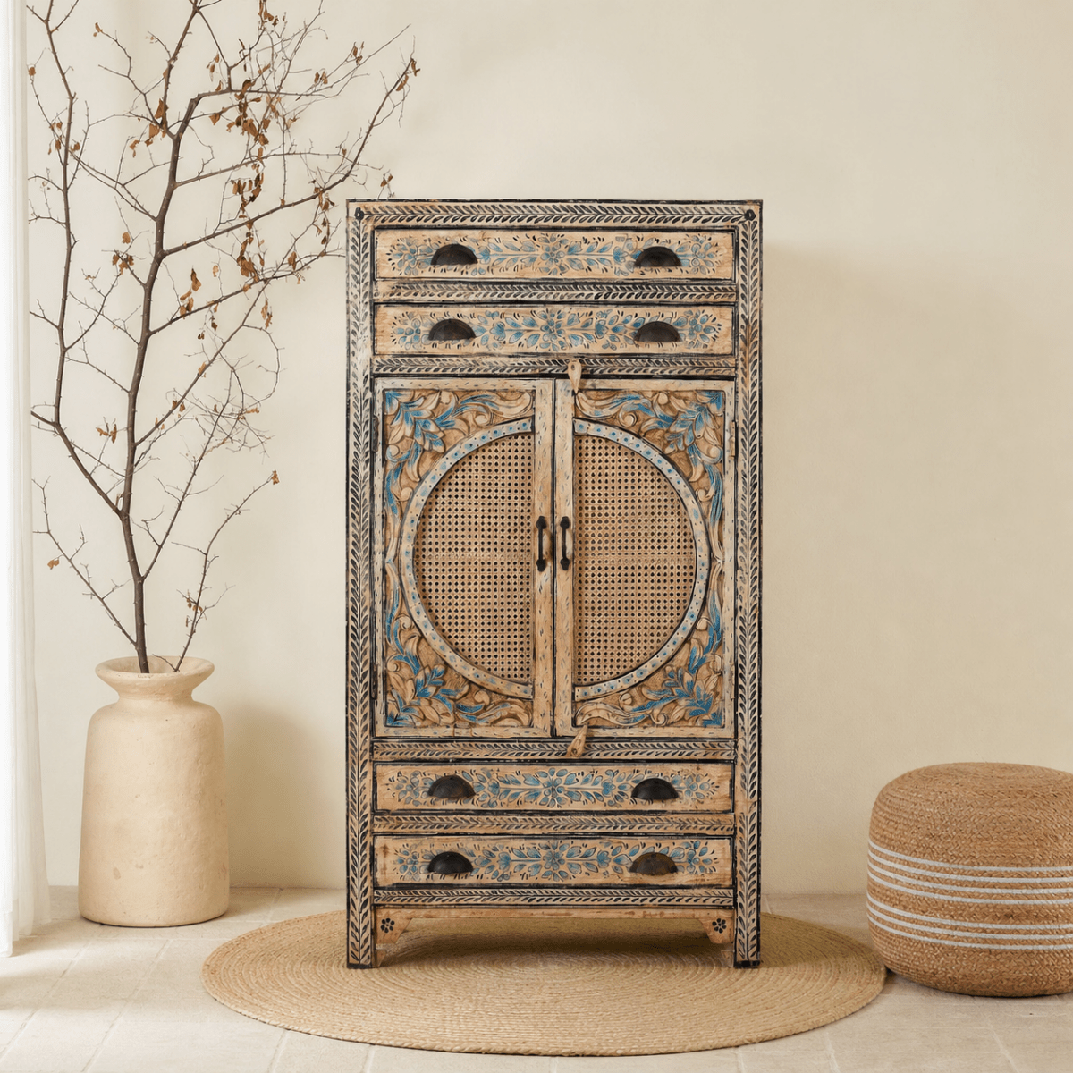 Goa Hand-Carved Rattan Door Cabinet - DOBRI ARTS AU