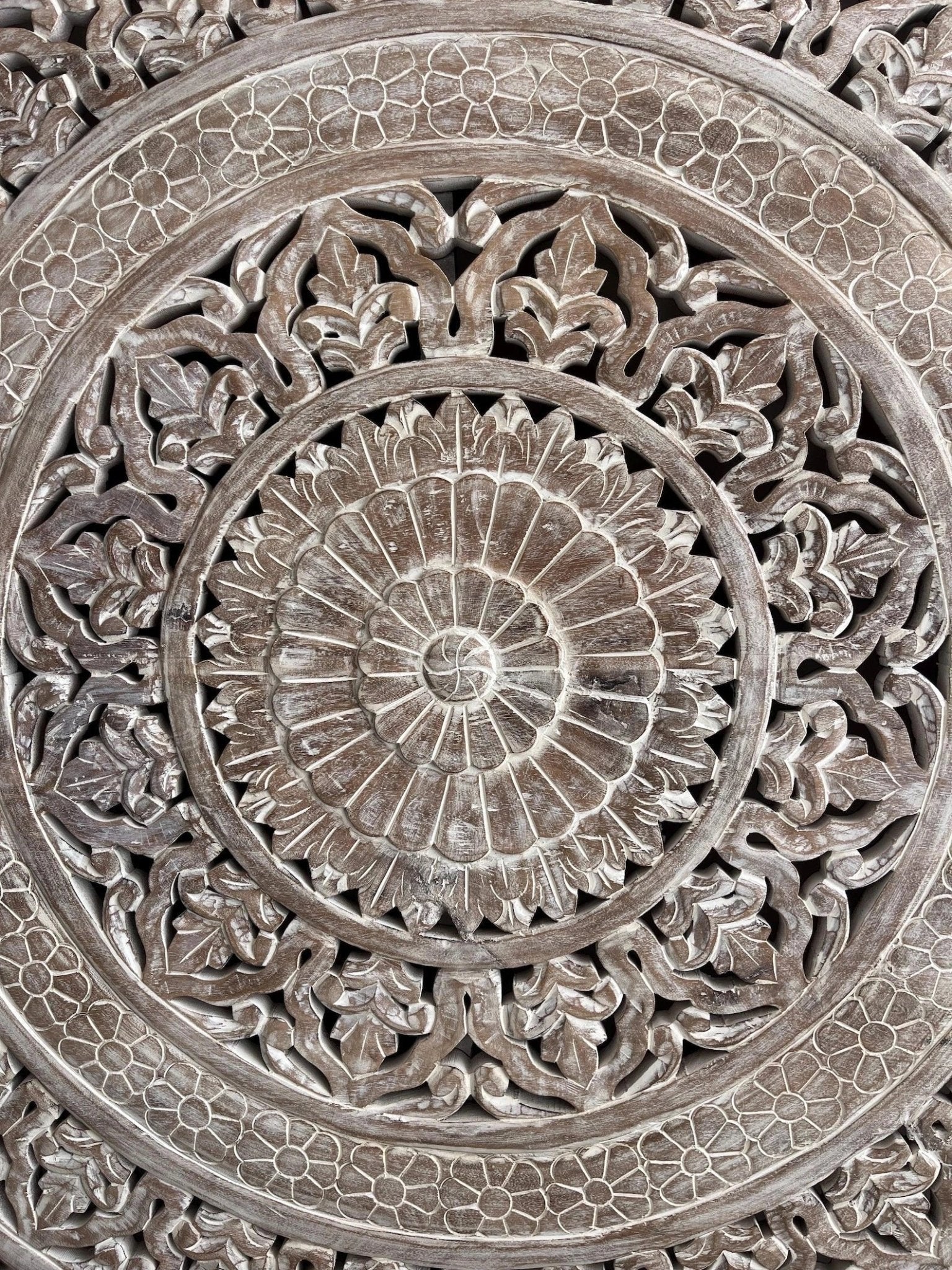 Grand Mandala Hand-Carved Wooden Wall Panel in Distressed White - DOBRI ARTS AU