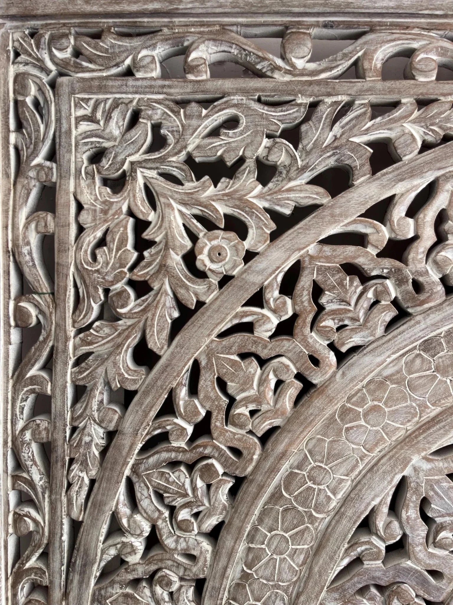 Grand Mandala Hand-Carved Wooden Wall Panel in Distressed White - DOBRI ARTS AU
