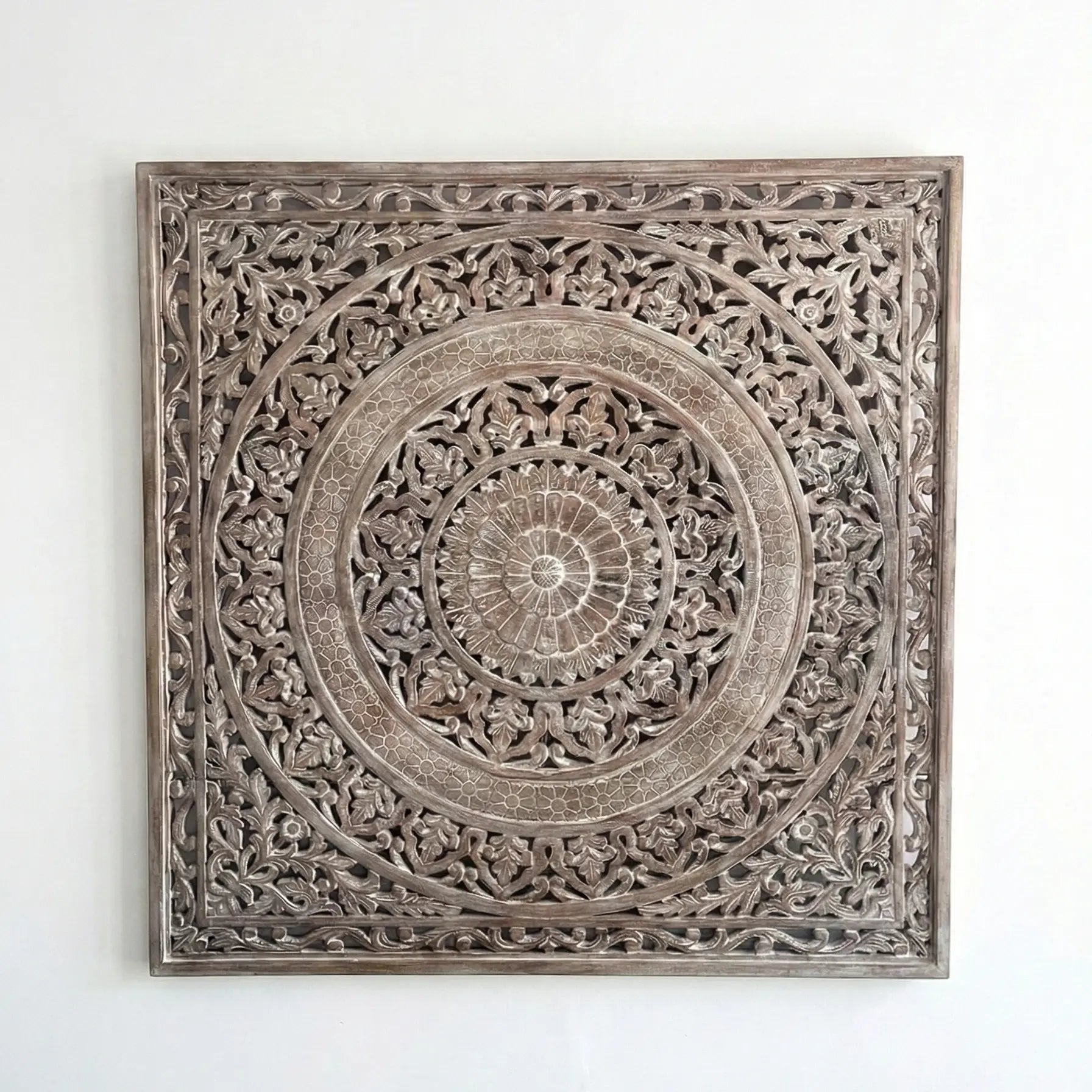 Grand Mandala Hand-Carved Wooden Wall Panel in Distressed White - DOBRI ARTS AU