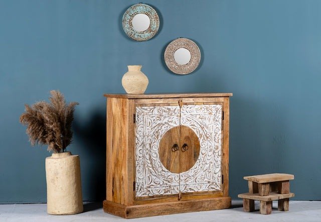 Gurdaspur Hand-Carved Circular Motif Wooden Cabinet - DOBRI ARTS AU