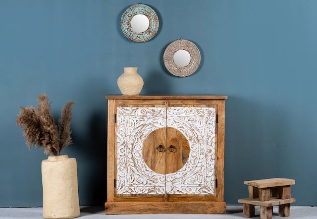 Gurdaspur Hand-Carved Circular Motif Wooden Cabinet - DOBRI ARTS AU