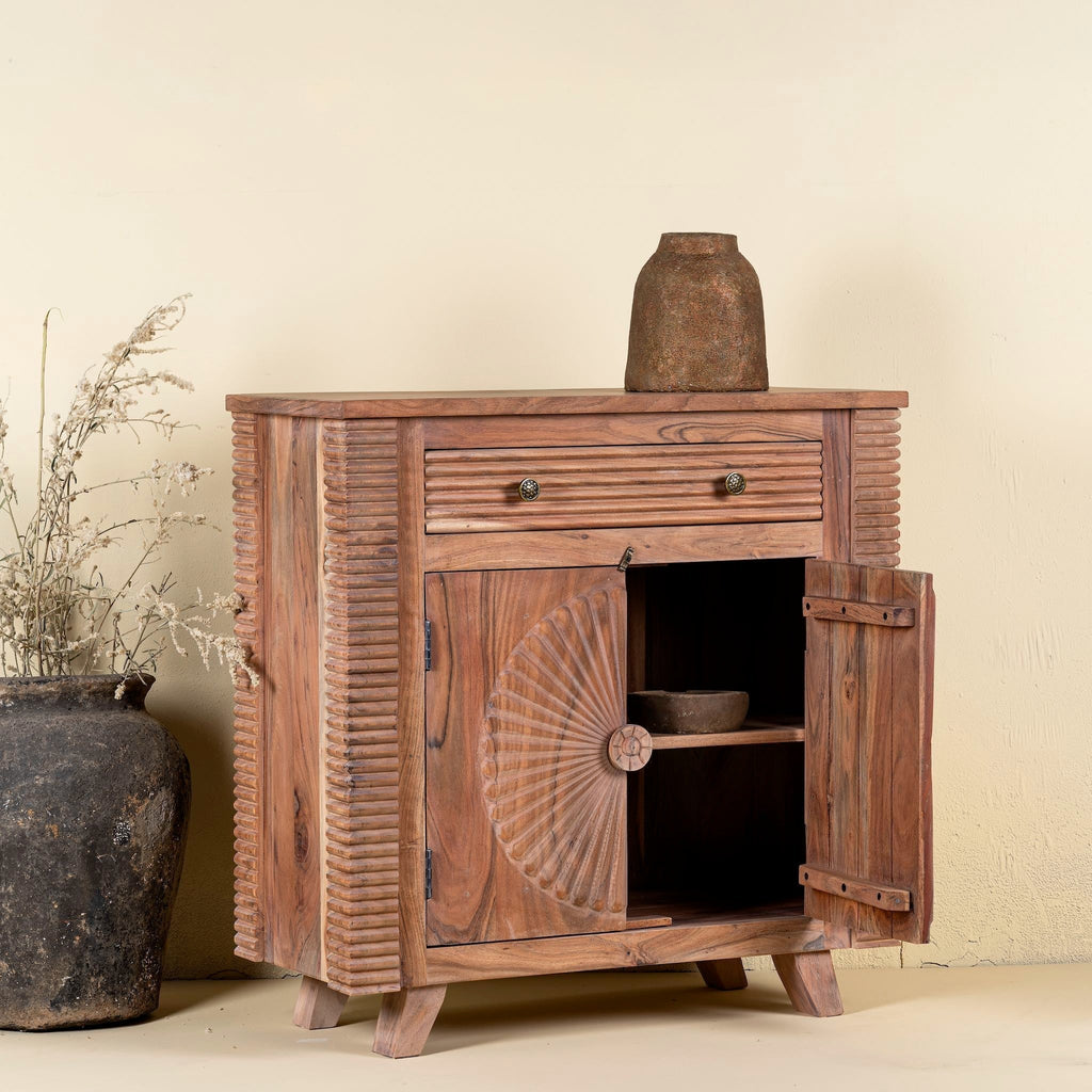 Haldi Sunburst Hand-Carved Acacia Cabinet - DOBRI ARTS AU