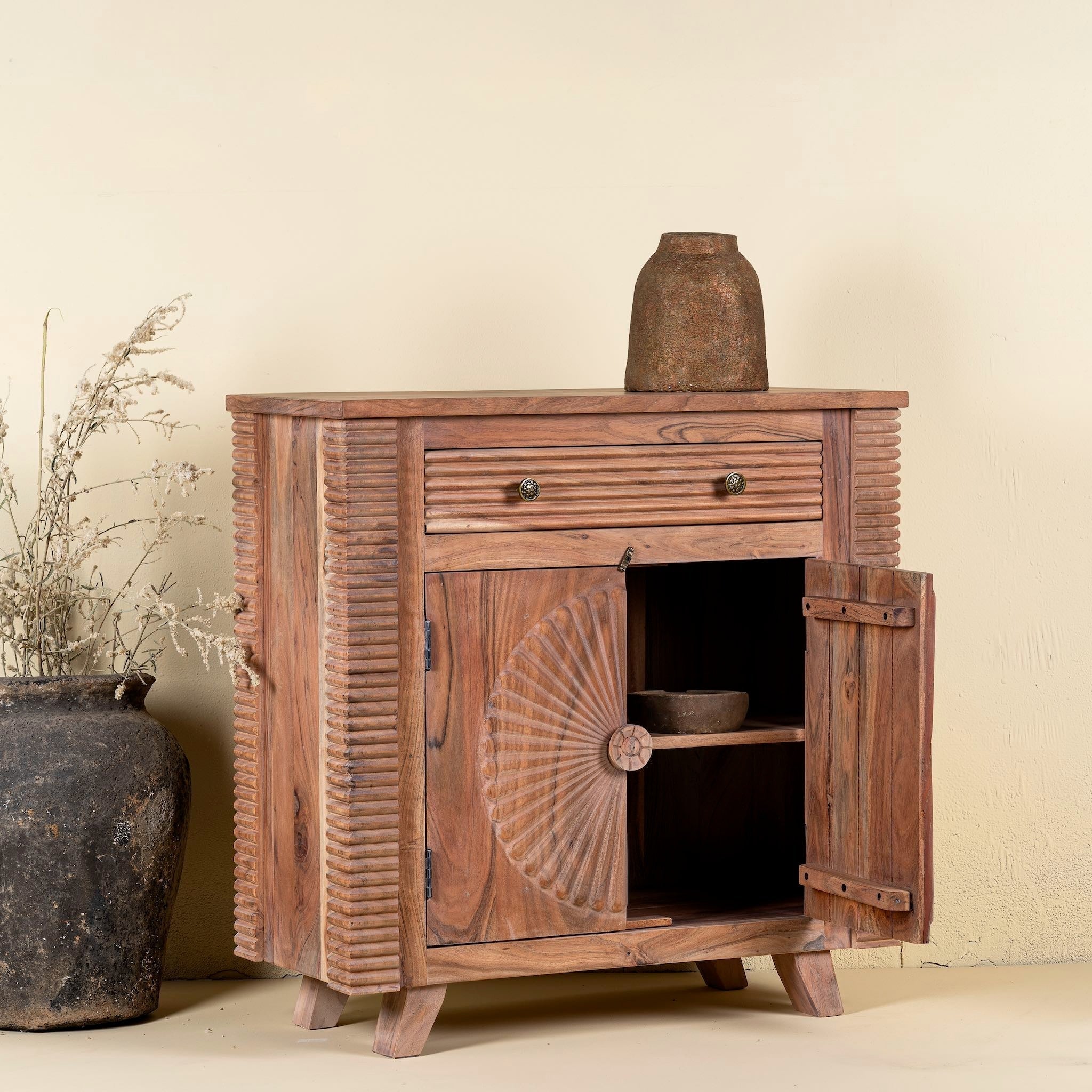 Haldi Sunburst Hand-Carved Acacia Cabinet - DOBRI ARTS AU