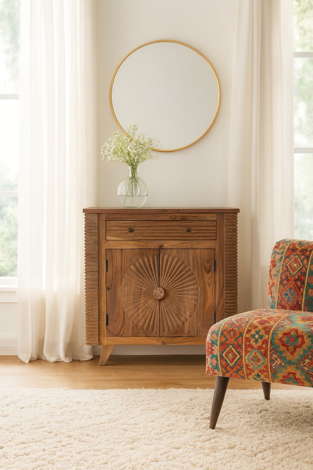 Haldi Sunburst Hand-Carved Acacia Cabinet - DOBRI ARTS AU