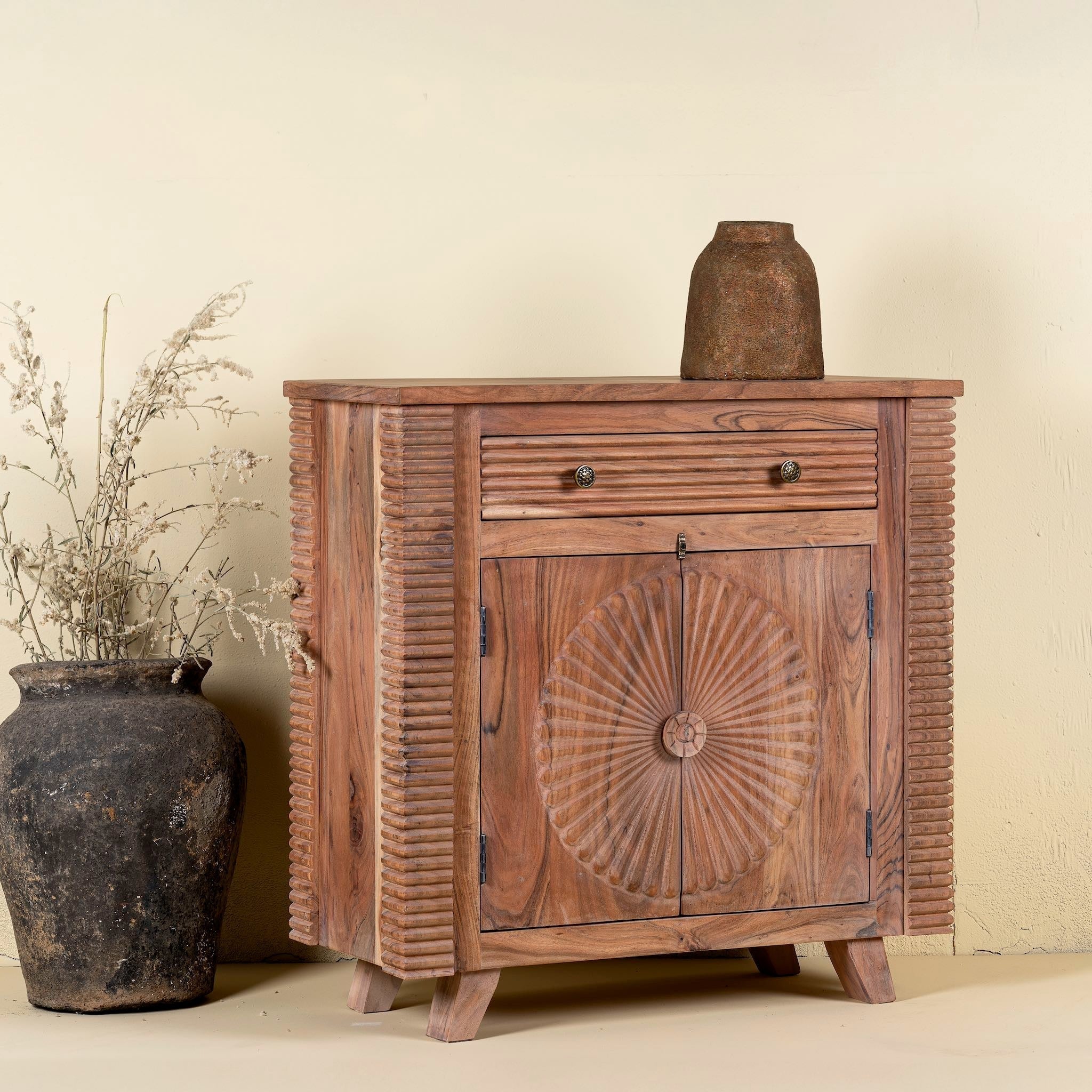 Haldi Sunburst Hand-Carved Acacia Cabinet - DOBRI ARTS AU