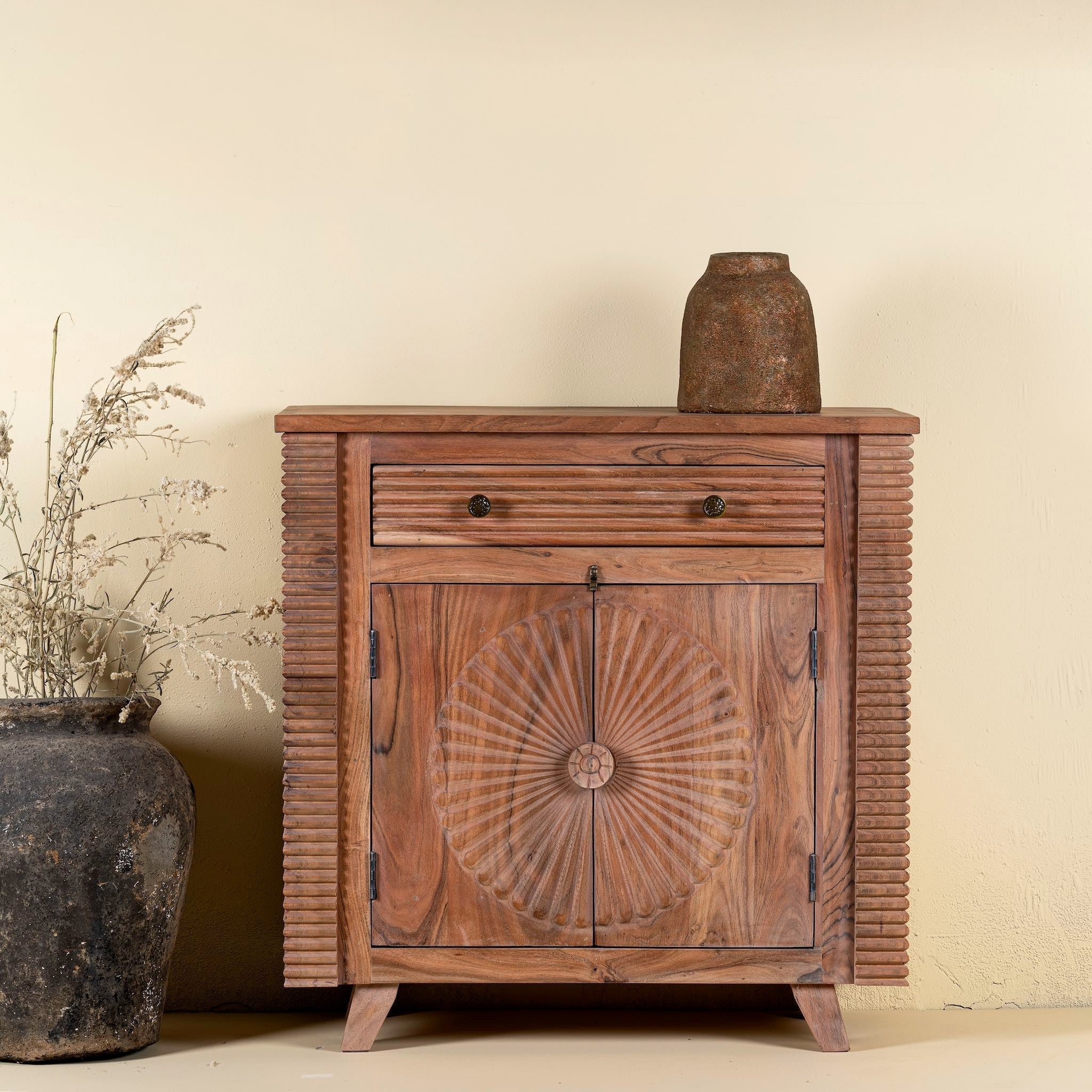 Haldi Sunburst Hand-Carved Acacia Cabinet - DOBRI ARTS AU