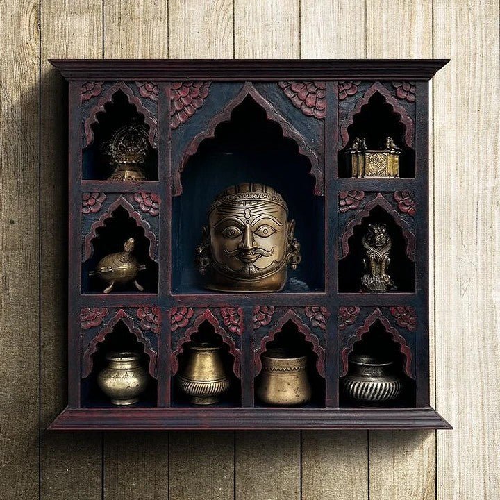 Hand-Carved Arched Niche Wall Shelf in Distressed Black Wood - DOBRI ARTS AU
