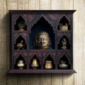 Hand-Carved Arched Niche Wall Shelf in Distressed Black Wood - DOBRI ARTS AU