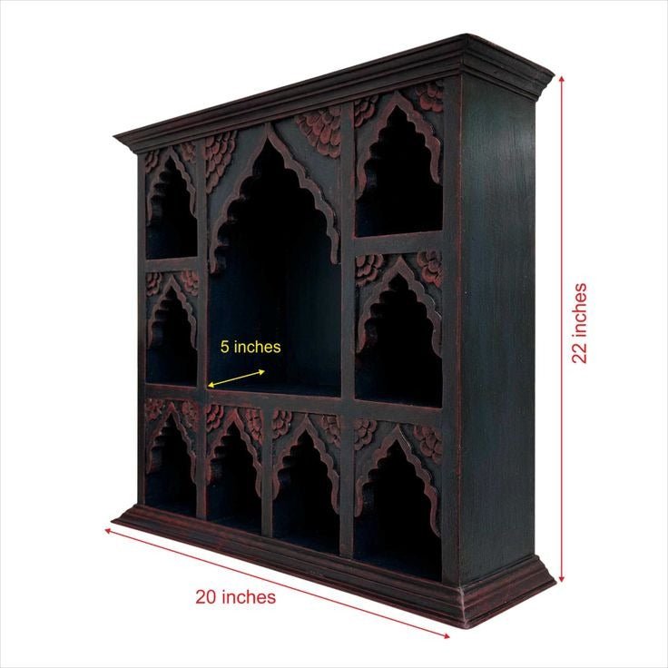 Hand-Carved Arched Niche Wall Shelf in Distressed Black Wood - DOBRI ARTS AU