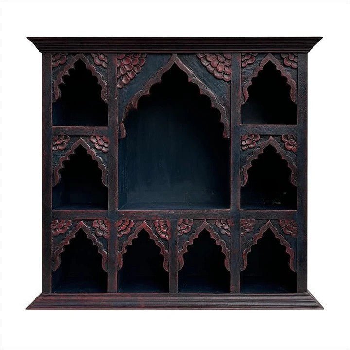 Hand-Carved Arched Niche Wall Shelf in Distressed Black Wood - DOBRI ARTS AU
