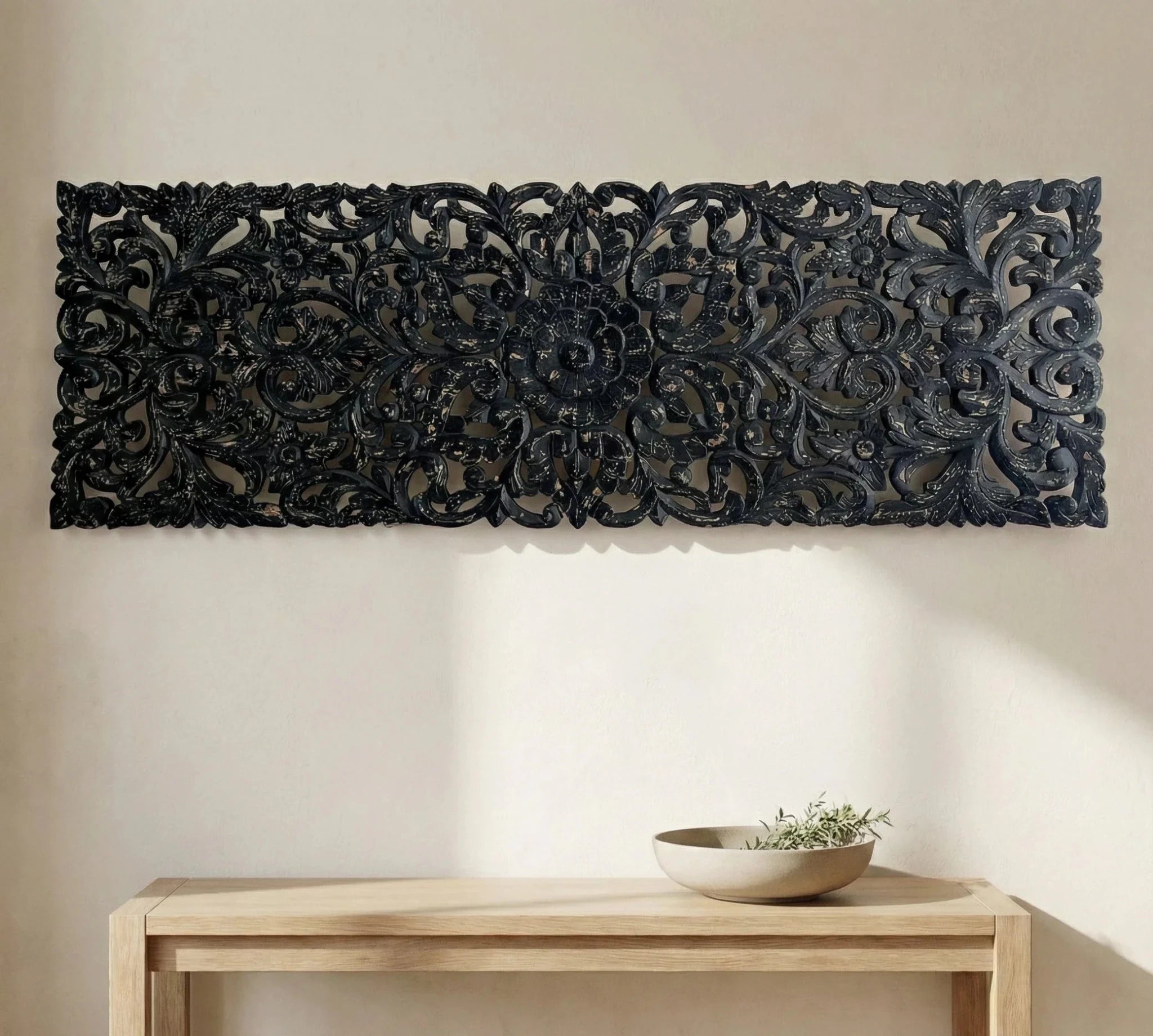 Hand-Carved Black Floral Wooden Wall Panel - DOBRI ARTS AU