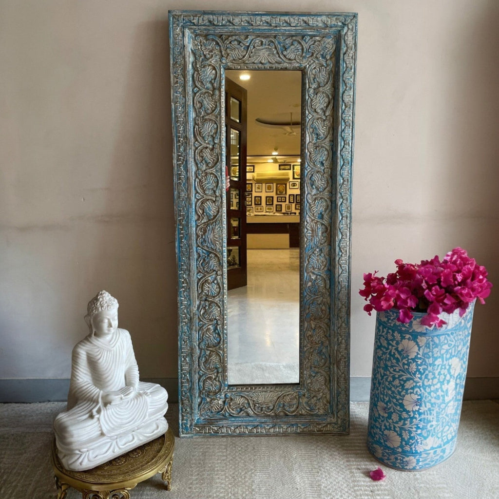 Hand-Carved Blue Patina Wooden Floor Mirror with Ornate Vine Detailing - DOBRI ARTS AU