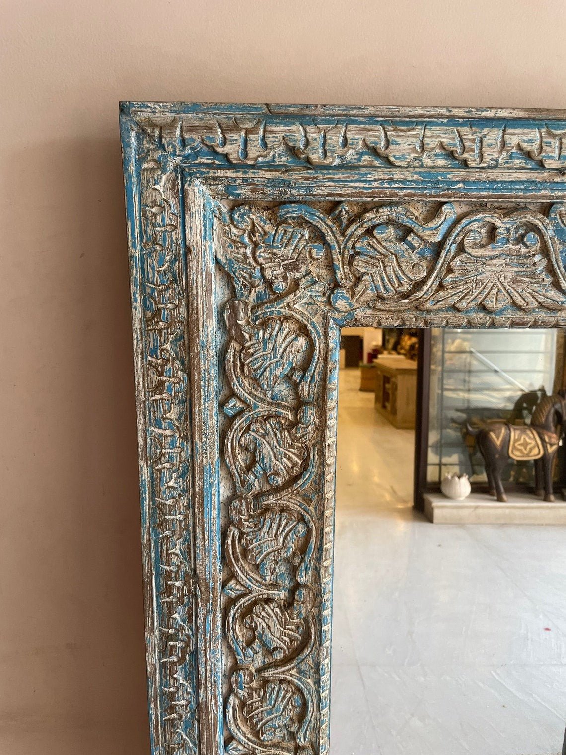Hand-Carved Blue Patina Wooden Floor Mirror with Ornate Vine Detailing - DOBRI ARTS AU