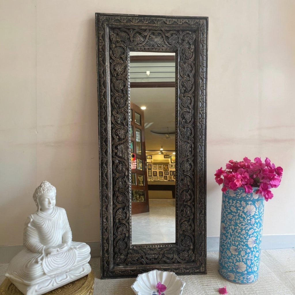 Hand-Carved Blue Patina Wooden Floor Mirror with Ornate Vine Detailing - DOBRI ARTS AU