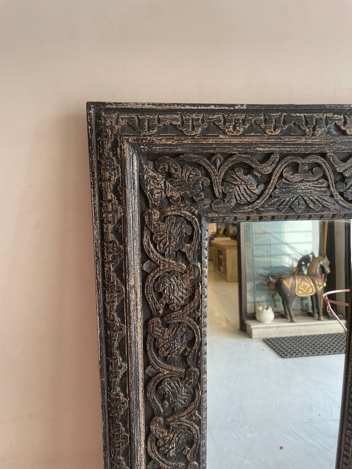Hand-Carved Blue Patina Wooden Floor Mirror with Ornate Vine Detailing - DOBRI ARTS AU