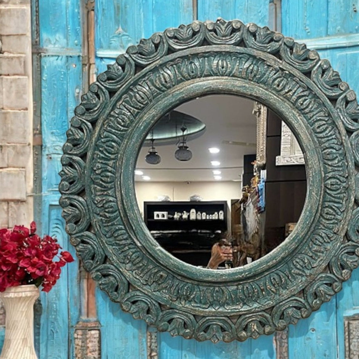 Hand-Carved Dark Patina Round Wooden Wall Mirror with Floral Crest Detailing - DOBRI ARTS AU