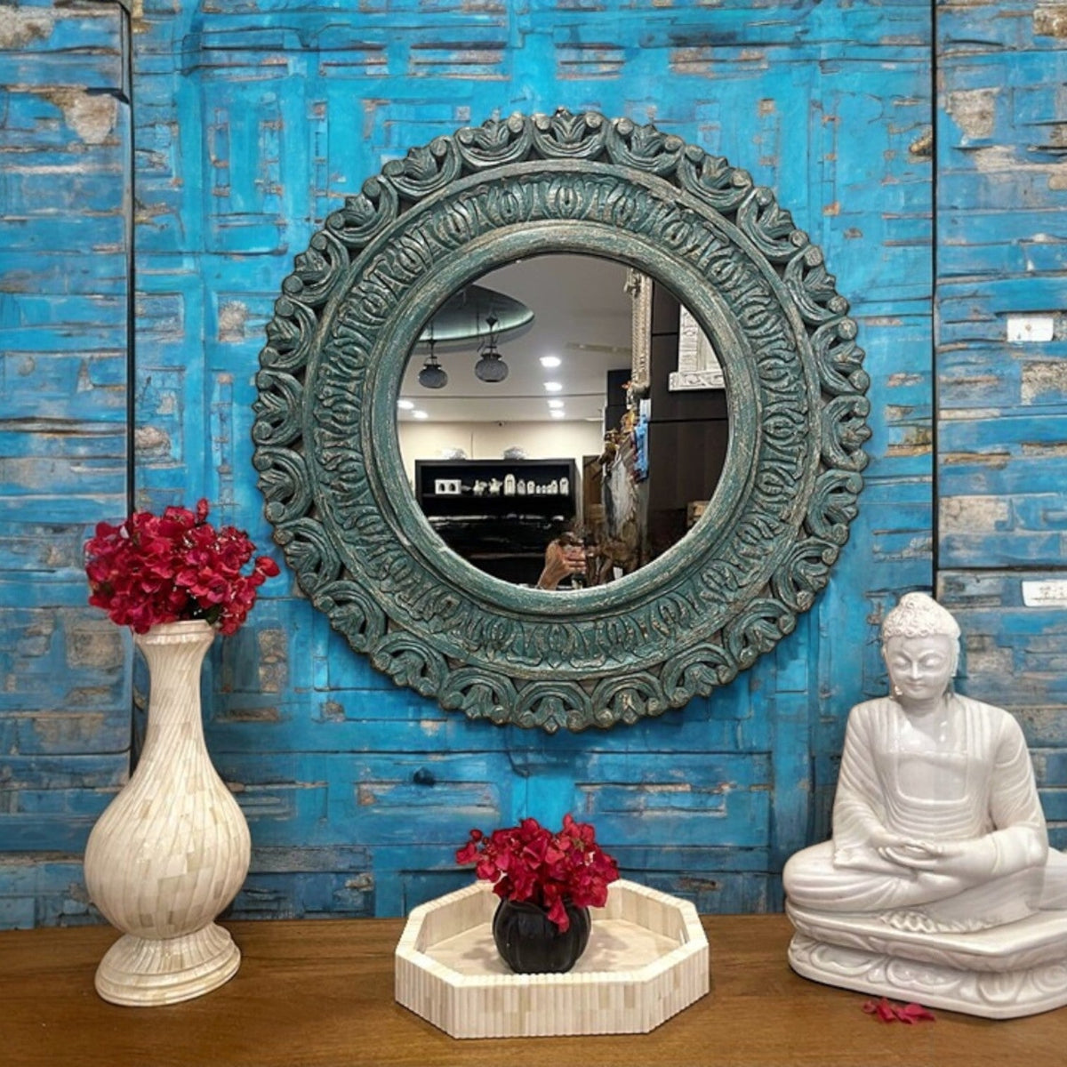 Hand-Carved Dark Patina Round Wooden Wall Mirror with Floral Crest Detailing - DOBRI ARTS AU