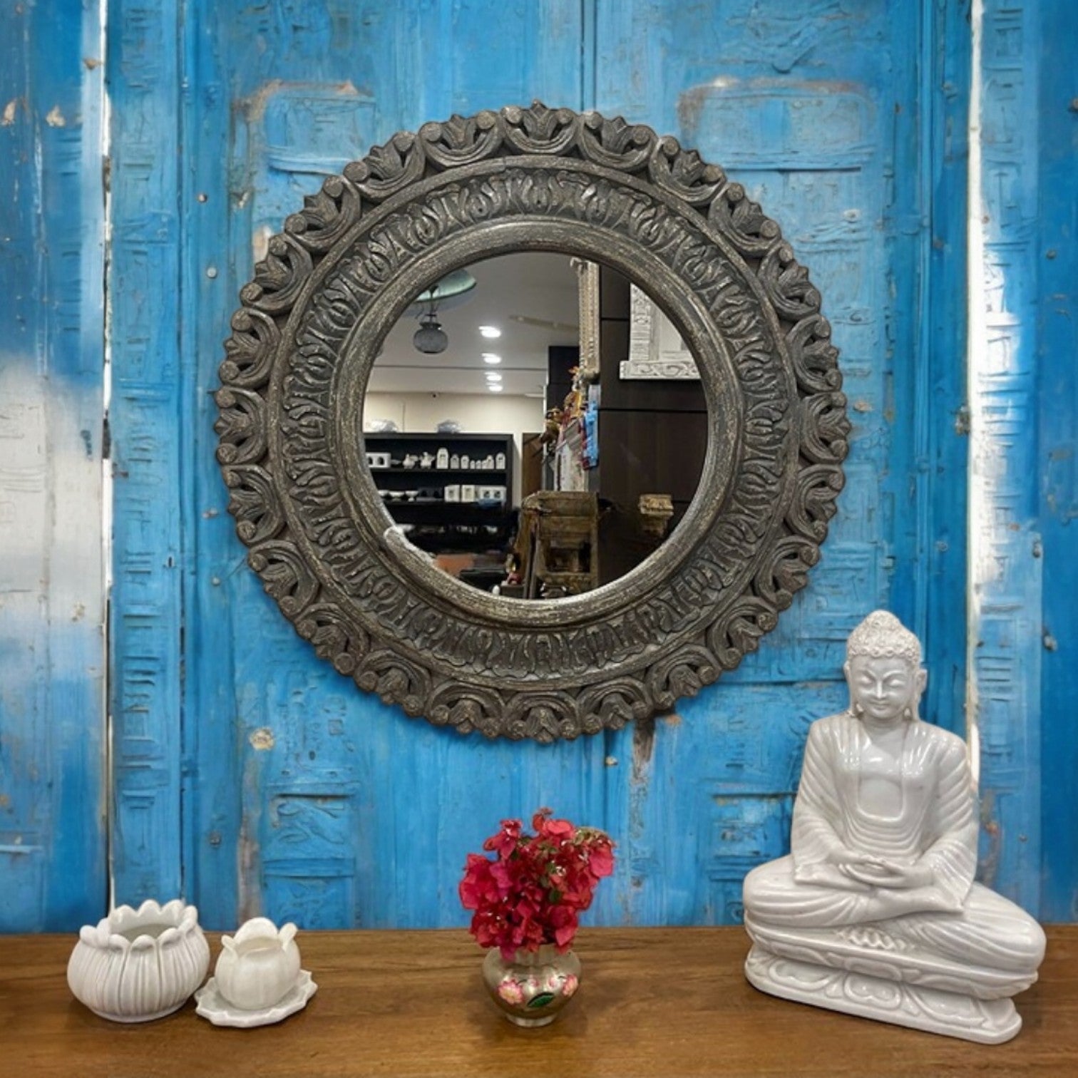 Hand-Carved Dark Patina Round Wooden Wall Mirror with Floral Crest Detailing - DOBRI ARTS AU