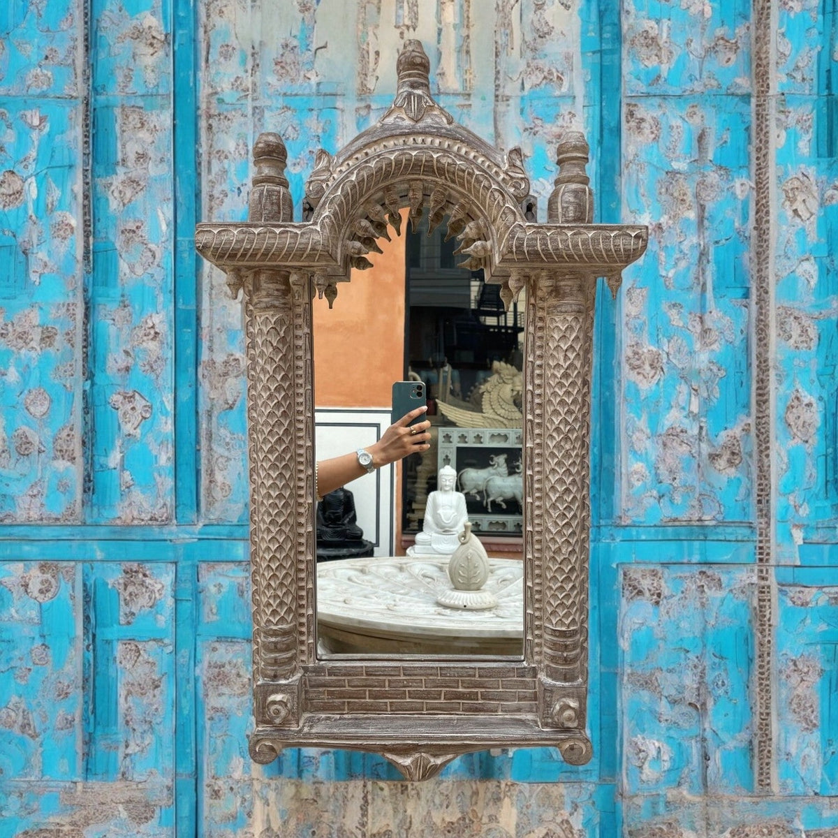Hand-Carved Dark Walnut Wooden Arch Mirror with Temple Canopy Design - DOBRI ARTS AU