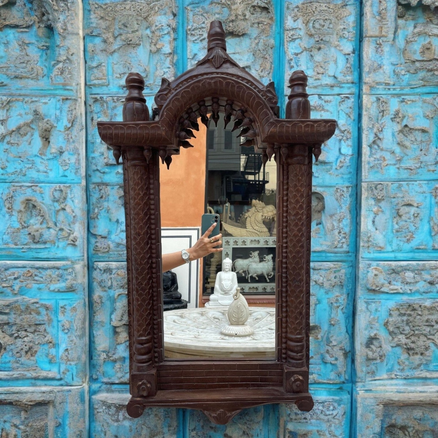 Hand-Carved Dark Walnut Wooden Arch Mirror with Temple Canopy Design - DOBRI ARTS AU