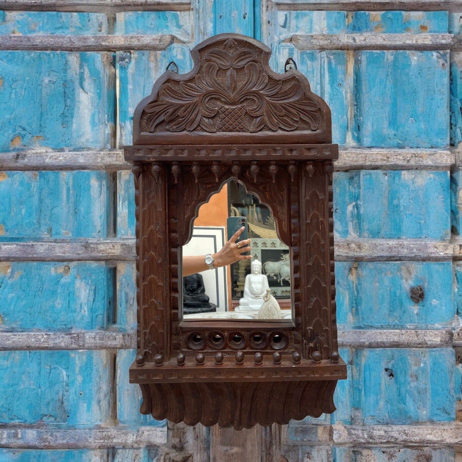 Hand-Carved Dark Walnut Wooden Jharokha Mirror with Ornate Crown Detail - DOBRI ARTS AU