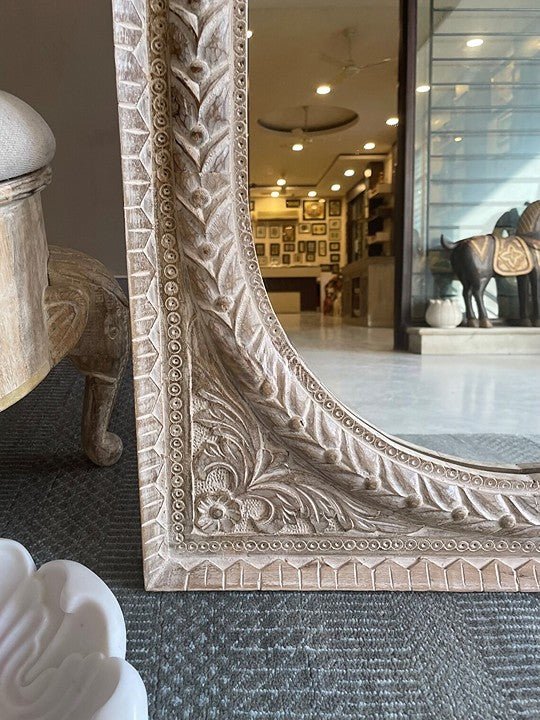 Hand-Carved Distressed White Oval Arch Wooden Floor Mirror - DOBRI ARTS AU