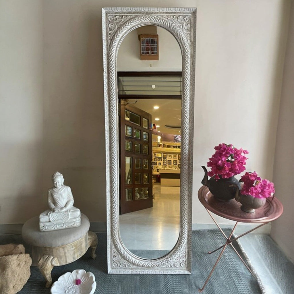 Hand-Carved Distressed White Oval Arch Wooden Floor Mirror - DOBRI ARTS AU