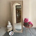 Hand-Carved Distressed White Oval Arch Wooden Floor Mirror - DOBRI ARTS AU