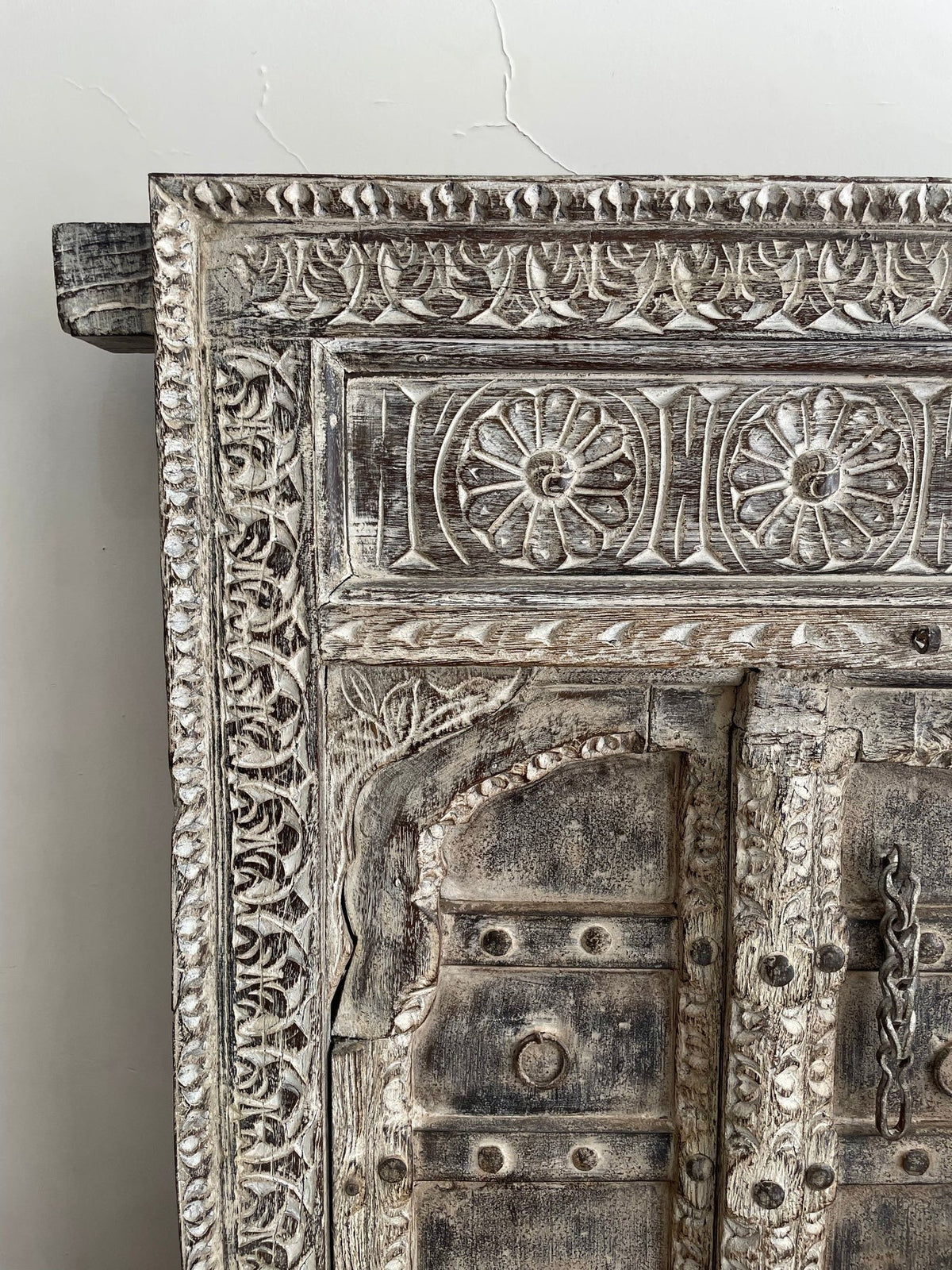 Hand-Carved Distressed Wooden Door Panel with Floral Border Detailing - DOBRI ARTS AU