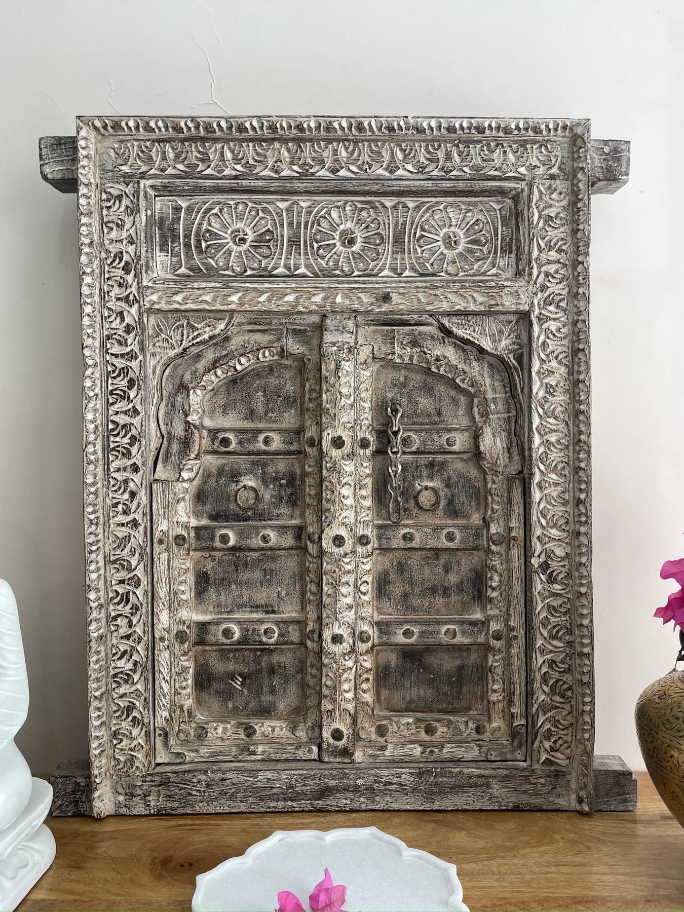 Hand-Carved Distressed Wooden Door Panel with Floral Border Detailing - DOBRI ARTS AU