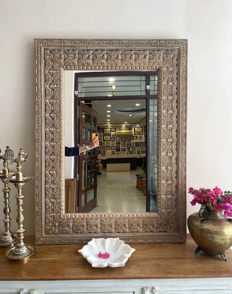 Hand-Carved Floral Wooden Mirror Frame – Large Rectangular Heritage Design - DOBRI ARTS AU