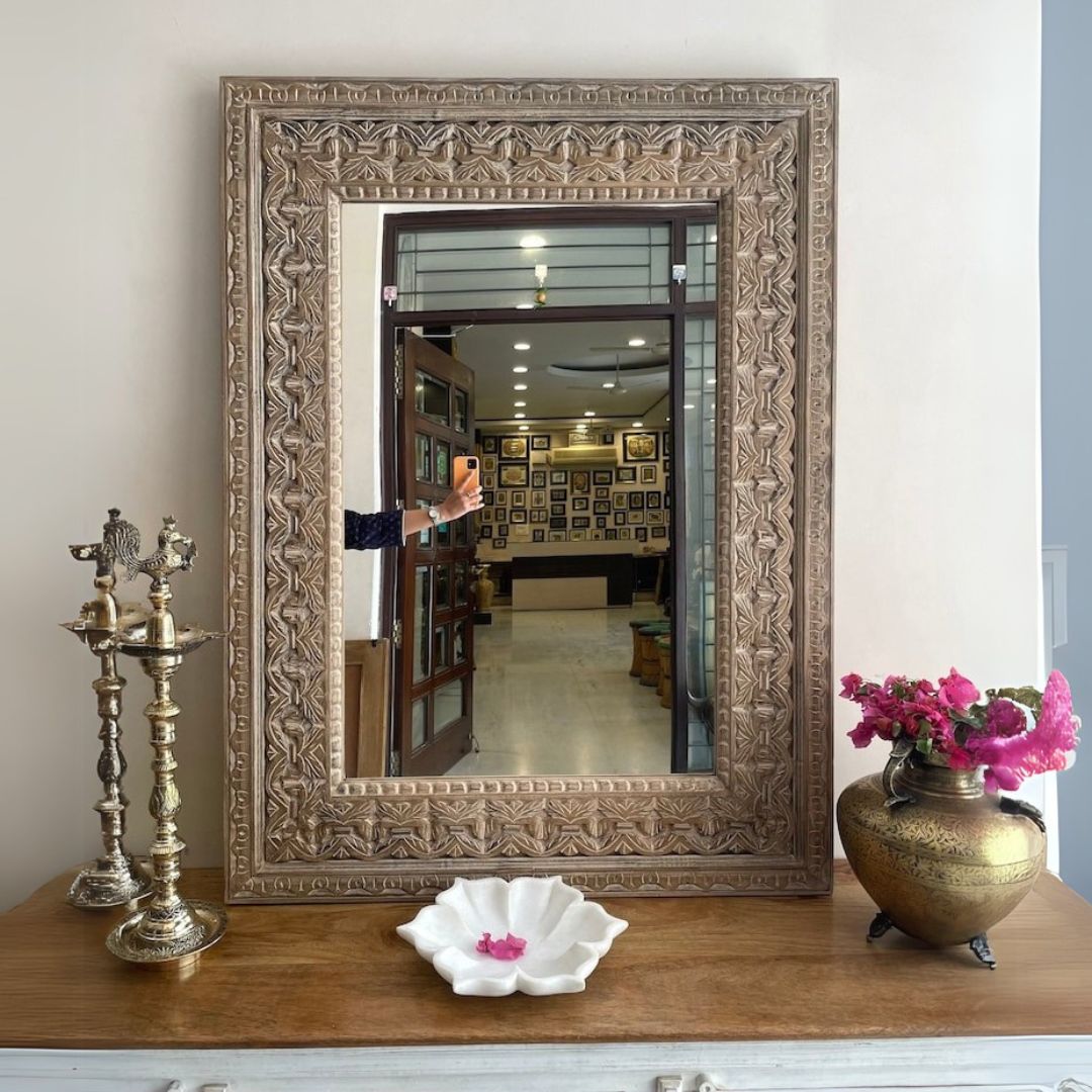Hand-Carved Floral Wooden Mirror Frame – Large Rectangular Heritage Design - DOBRI ARTS AU